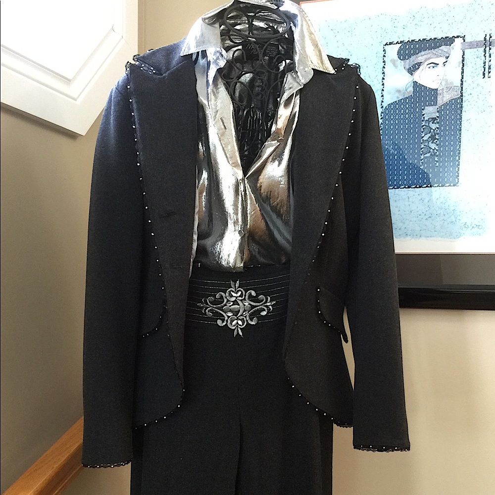 Marc Cain silver metallic blouse and Joseph Ribkoff woollen grey suit.